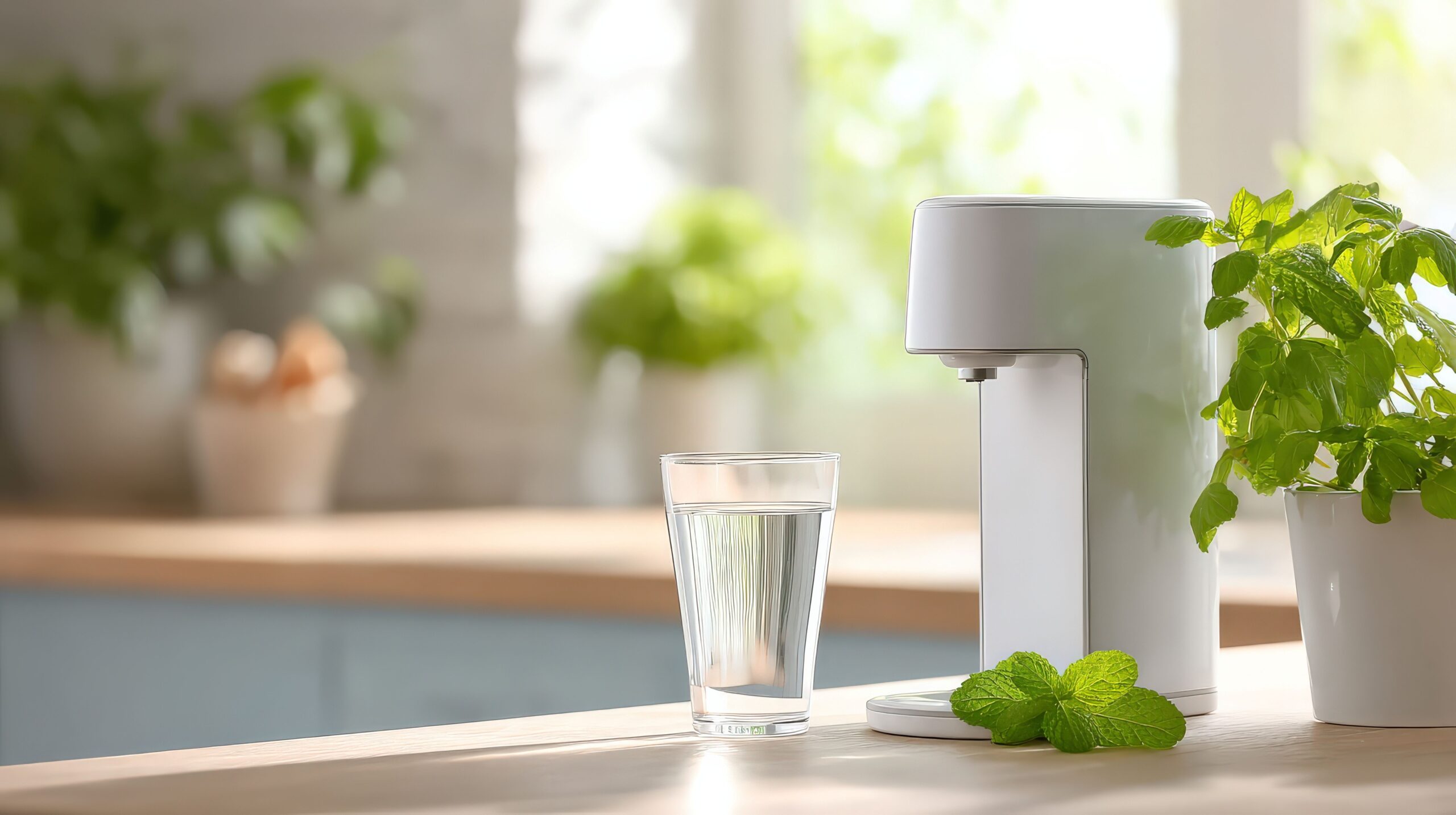 Eine Auftisch Osmoseanlage auf einer Küchenarbeitsplatte neben einem Glas Wasser und frischen Kräutern