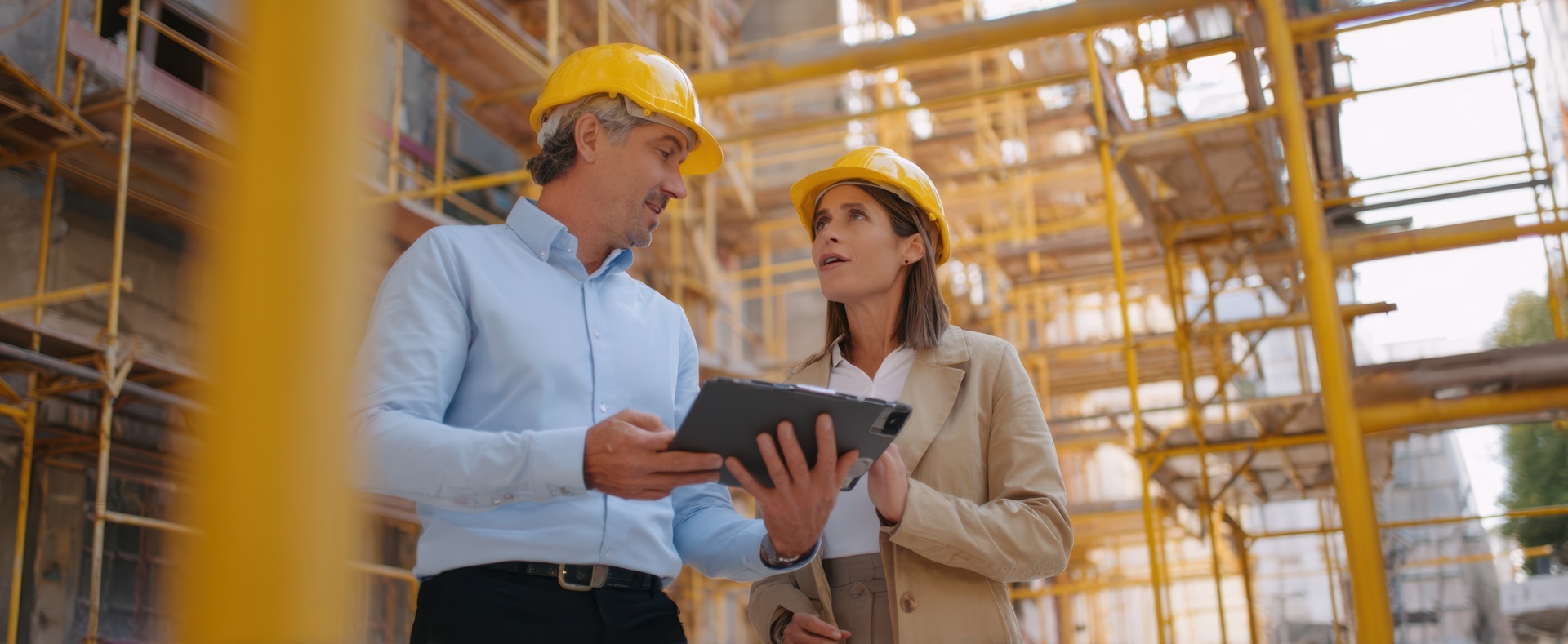 Bauleiter mit Tablet auf Baustelle | Bauzaun kaufen
