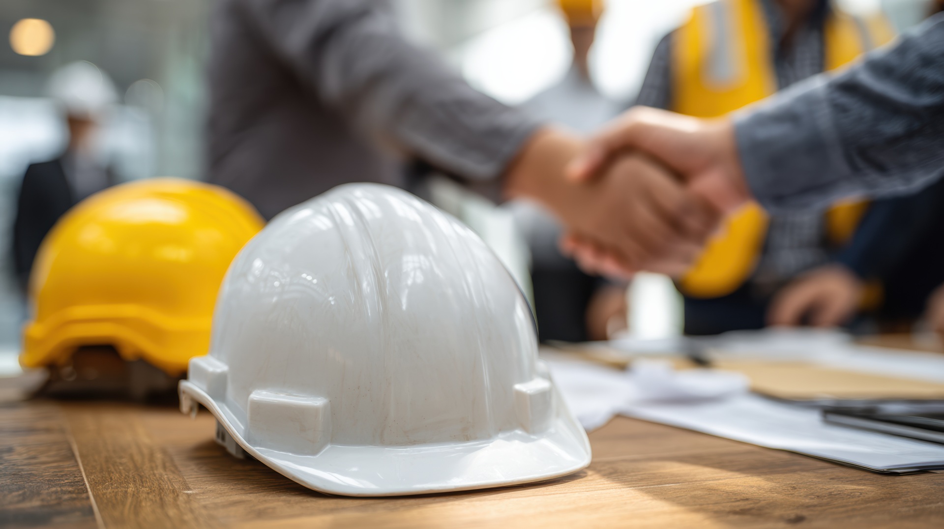 Handschlag bei Bauprojekt mit Schutzhelm | Bauzaun kaufen